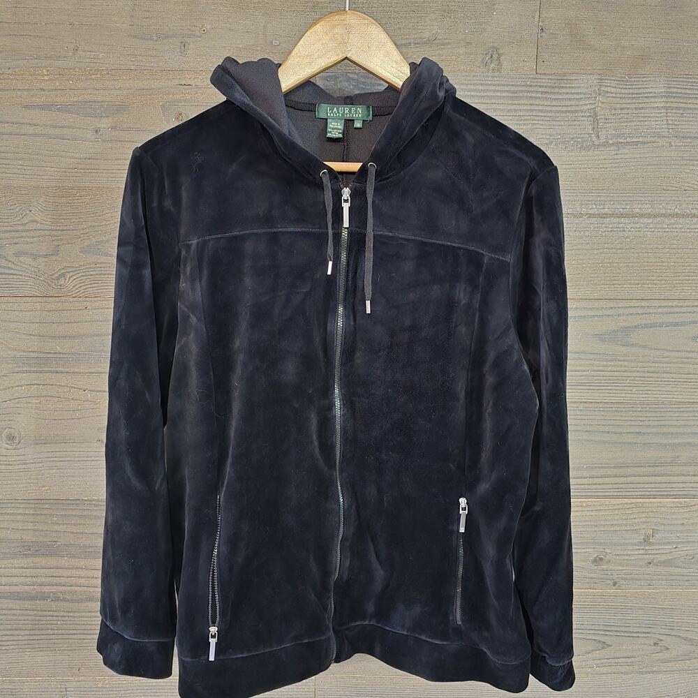 Lauren Ralph Lauren Women's 1X Black Velour Full Zip Hoodie Jacket Plus Size Zip